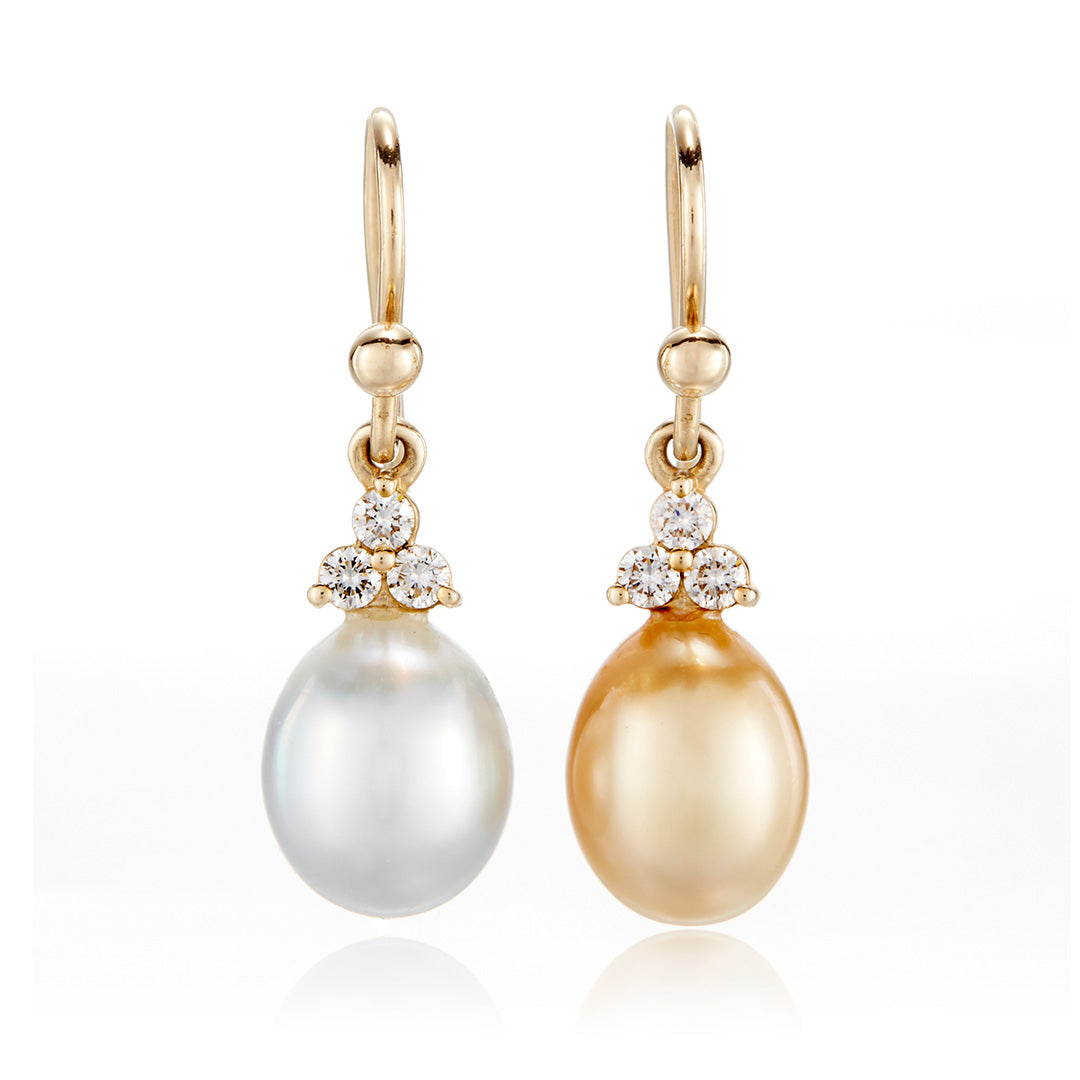 Madison Drop Earrings in White/Gold Keshi Pearls & Diamonds