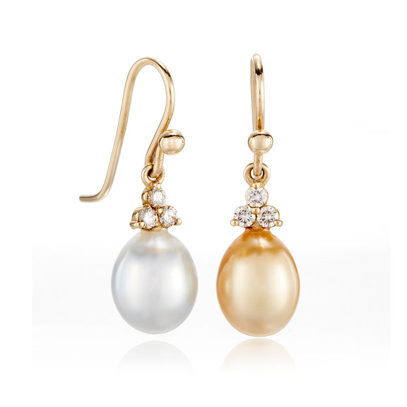 Gump's Signature Madison Drop Earrings in White/Gold Keshi Pearls & Diamonds