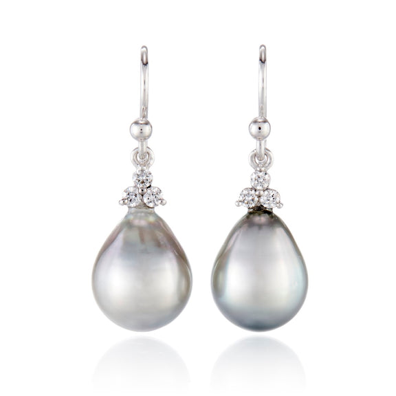 Gump's Signature Madison Drop Earrings in Baroque Silver Tahitian Pearls & Diamonds