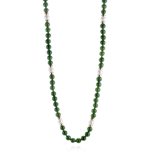 5mm Green Nephrite Jade & Pearl Station Rope Necklace