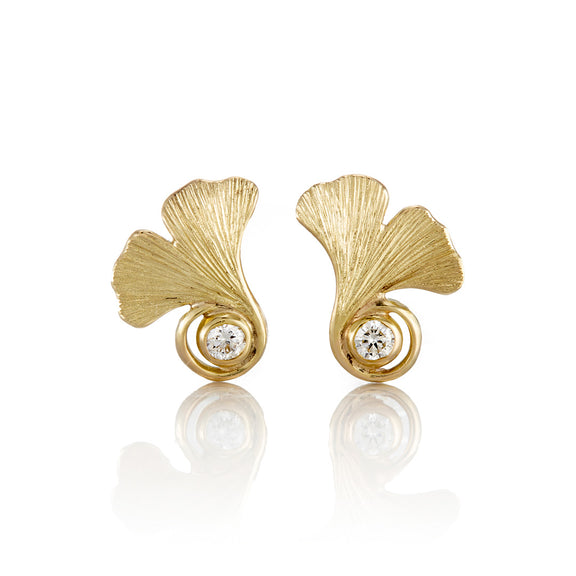 Gump's x Gudrun Langner Ginkgo Leaf & Diamond Stud Earrings