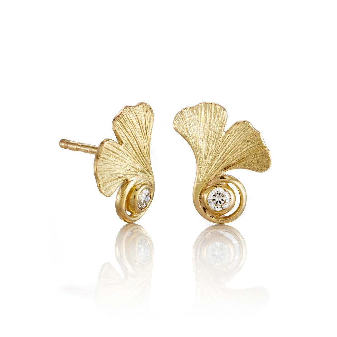 Ginkgo Leaf & Diamond Stud Earrings