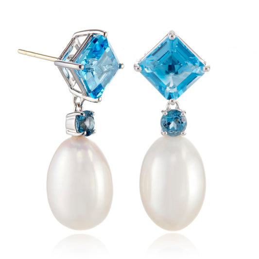 Carmel Drop Earrings in Blue Topaz & Pearls