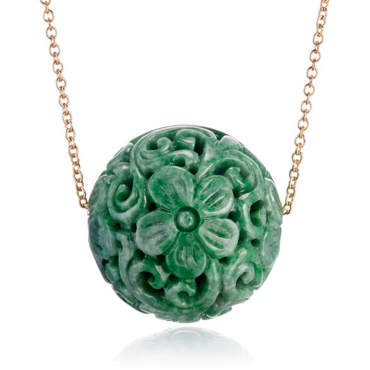 Gump's Signature Deep Green Jade Floral Ball Pendant Necklace