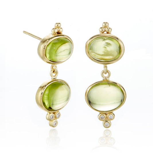 Double Peridot Cabochon & Diamond Drop Earrings