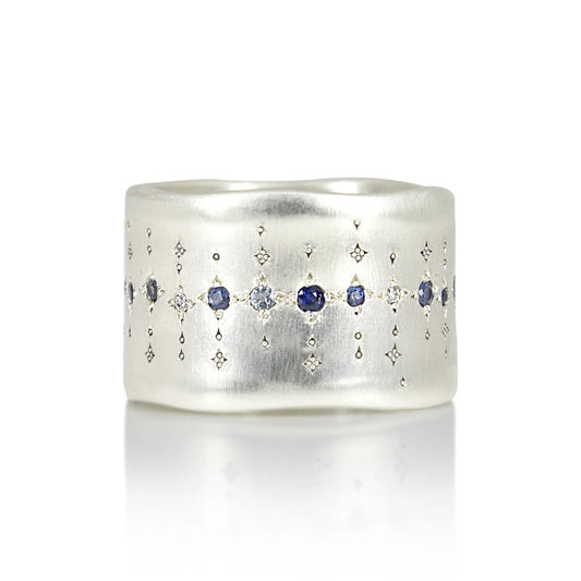 Adel Chefridi Single Organic Wide Silver Band with Multi-Gemstones