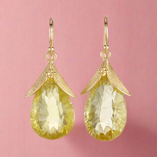 Lemon Quartz Leaf Cap Drop Earrings