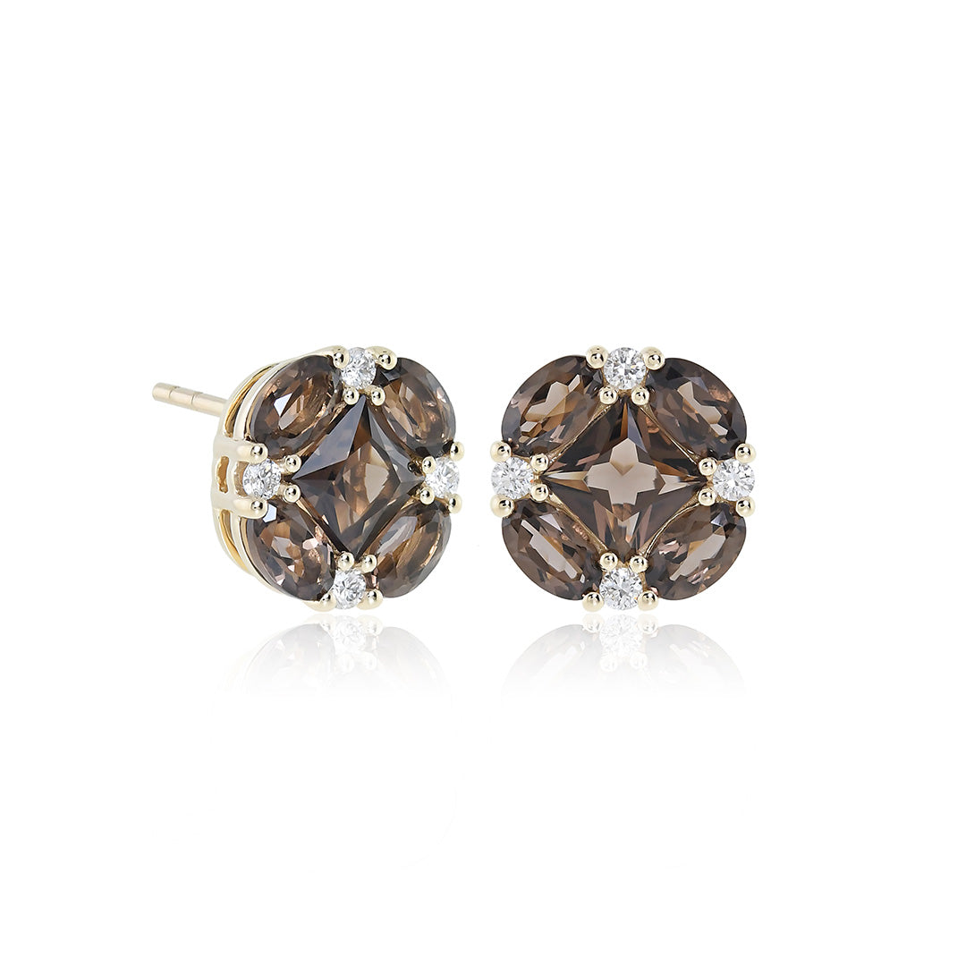 Gump's Signature Quadrille Stud Earrings in Smokey Quartz & Diamonds