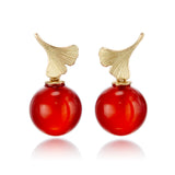 Brushed Gold Ginko Leaf & Carnelian Bead Earrings
