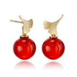 Brushed Gold Ginko Leaf & Carnelian Bead Earrings