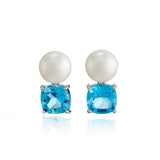 Pasadena Earrings in Button Pearls & Swiss Blue Topaz