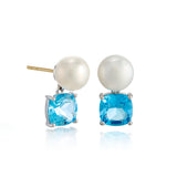 Pasadena Earrings in Button Pearls & Swiss Blue Topaz