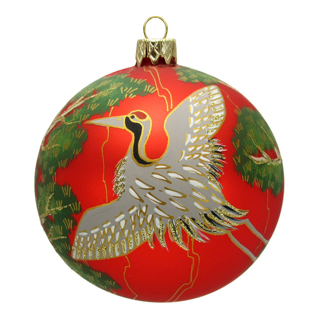 Thomas Glenn Cranes on Red Ball Ornament