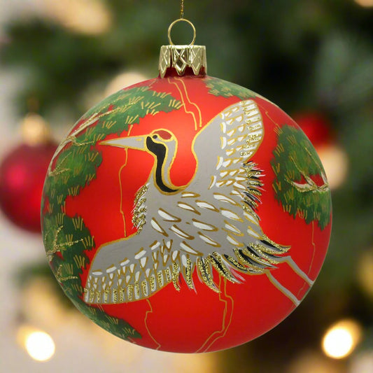 Cranes on Red Ball Ornament