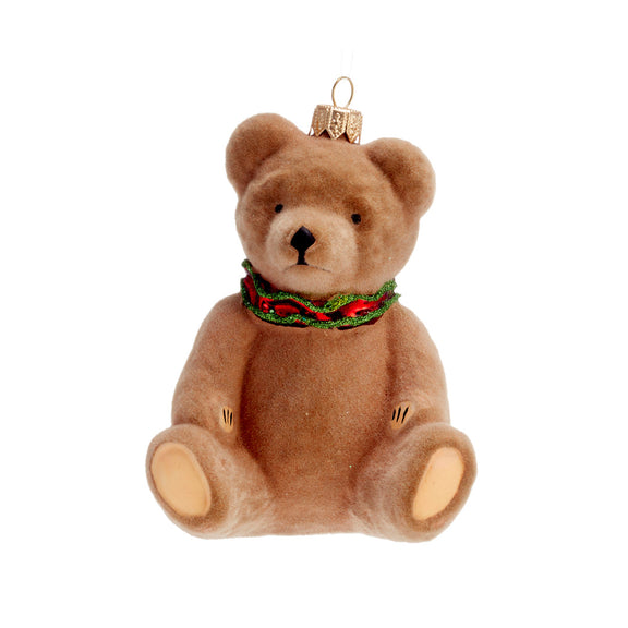 Flocked Teddy Bear with Plaid Collar Ornament