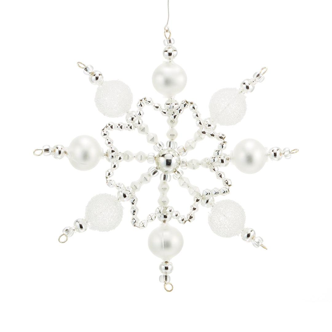 Beaded Silver & White Snowflake Ornament